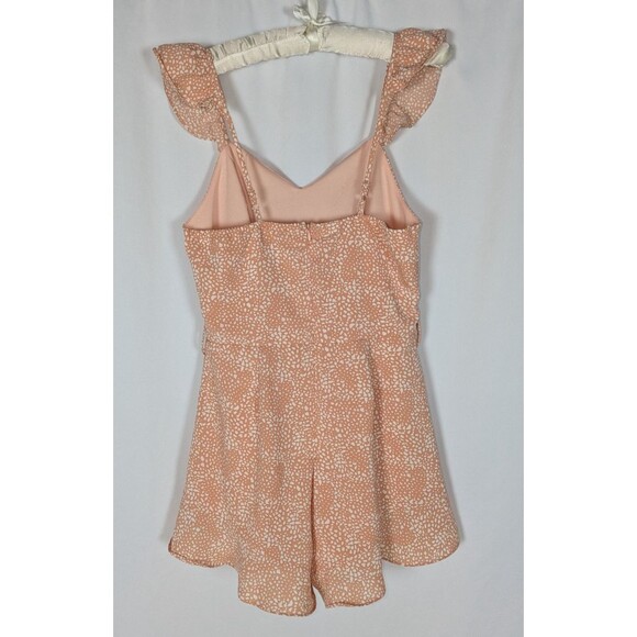 She + Sky Romper S Women's Orange Speckle Print Ruffle Strap Shorts One Piece - Picture 6 of 9